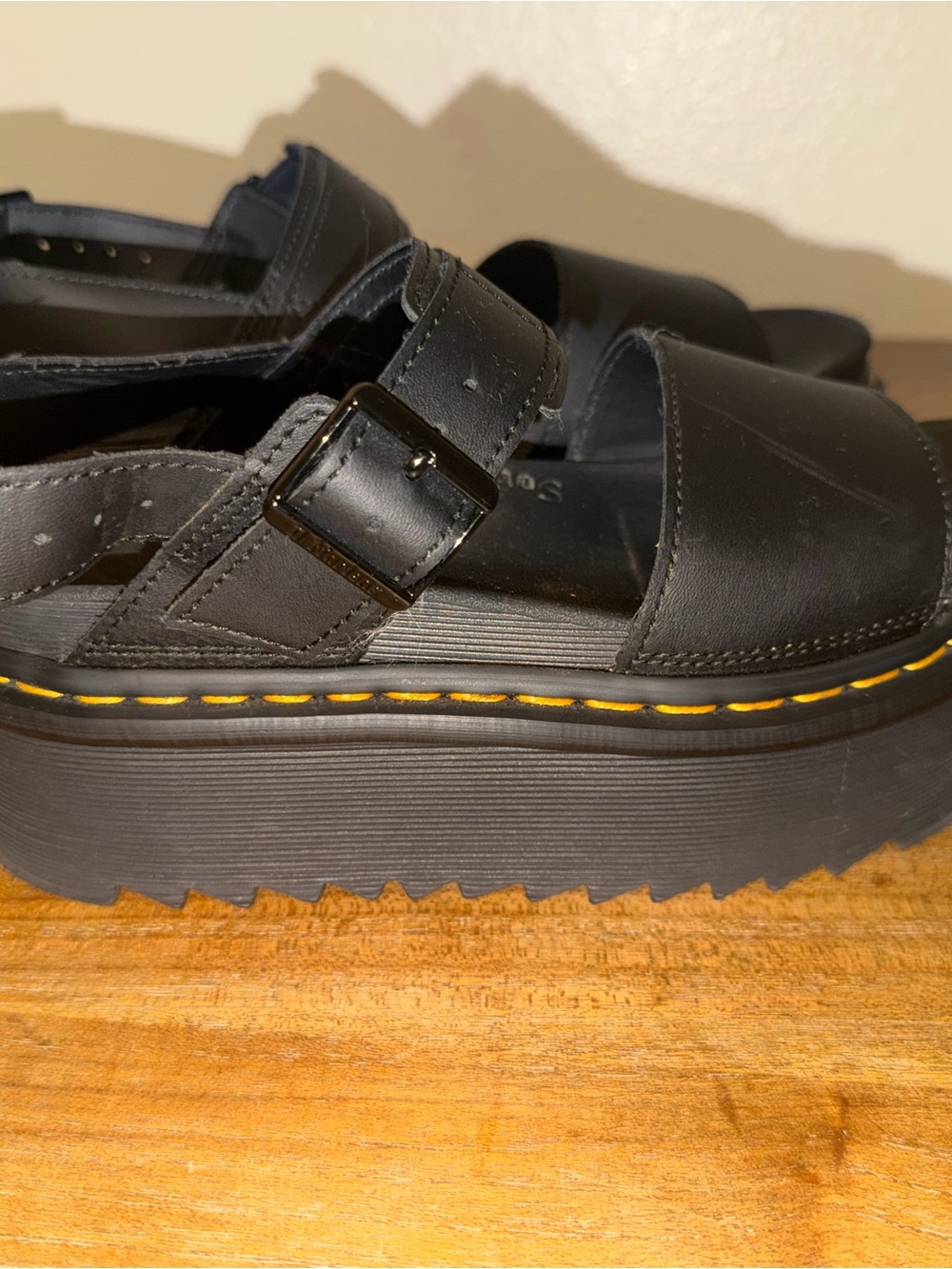 Dr. Martens Black Leather Platform Sandals with Yellow Stitching - Picture 4 of 7